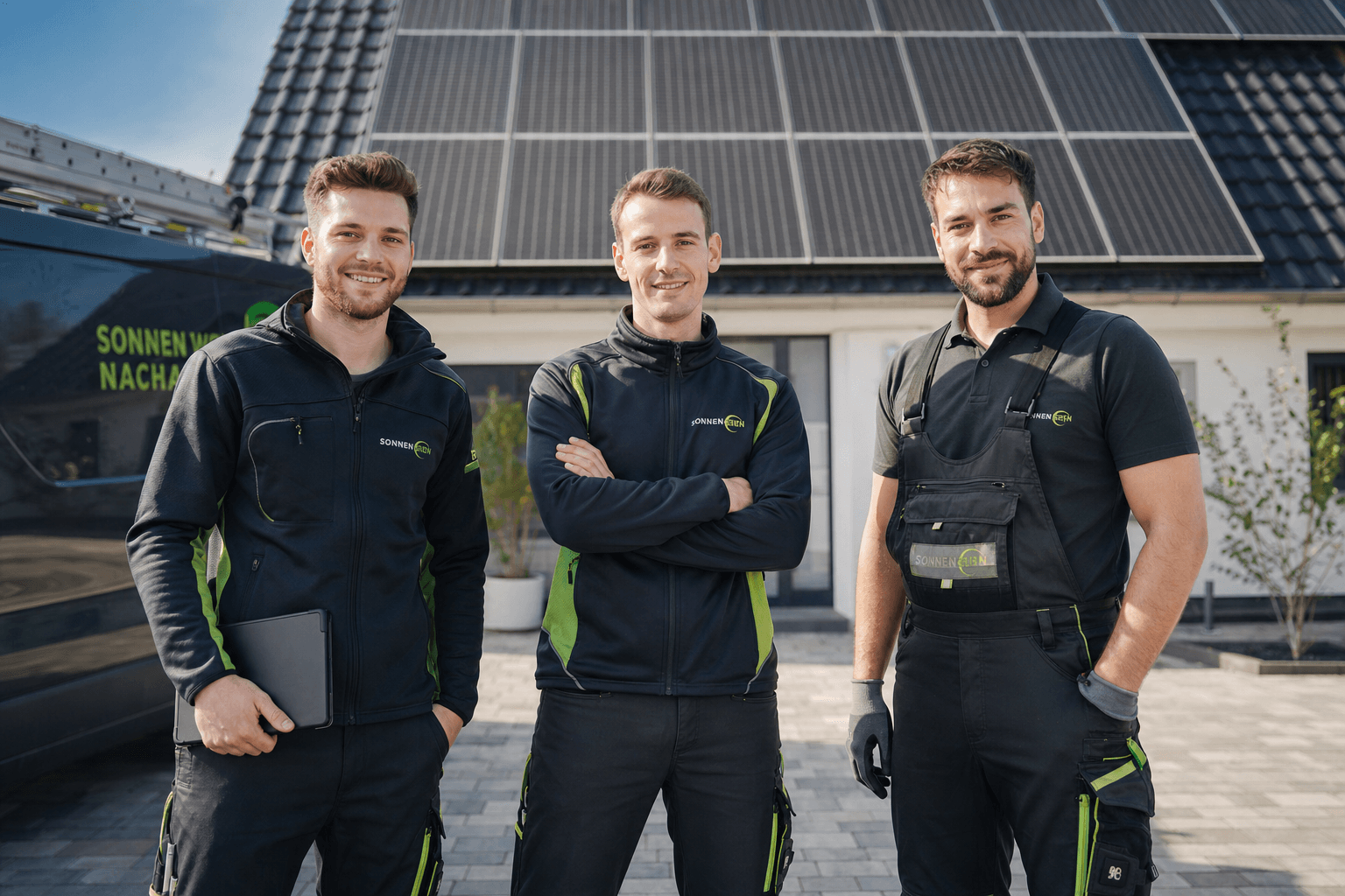 Das Montageteam von Klimakraft vor einem Haus mit Photovoltaikanlage